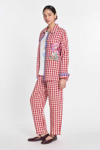 Buy_Payal Pratap_Red Linen, Handloom Cotton Embroidery Cherry Gingham Jacket _Online_at_Aza_Fashions