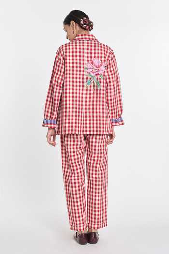 Shop_Payal Pratap_Red Linen, Handloom Cotton Embroidery Cherry Gingham Jacket _at_Aza_Fashions
