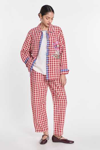 Shop_Payal Pratap_Red Linen, Handloom Cotton Embroidery Cherry Gingham Jacket _Online_at_Aza_Fashions