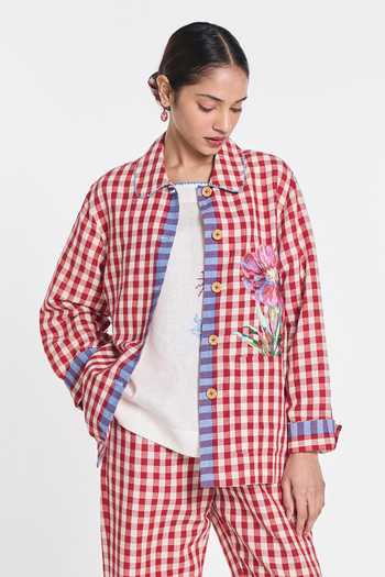 Buy_Payal Pratap_Red Linen, Handloom Cotton Embroidery Cherry Gingham Jacket _at_Aza_Fashions