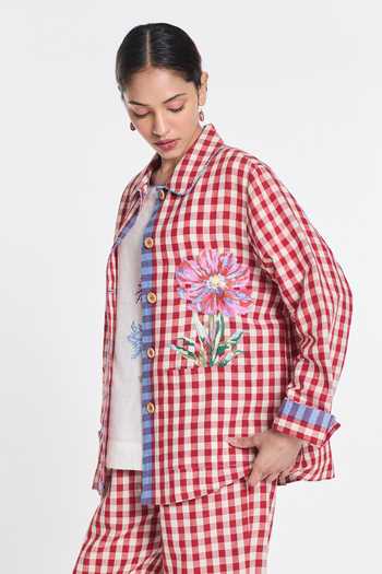 Payal Pratap_Red Linen, Handloom Cotton Embroidery Cherry Gingham Jacket _at_Aza_Fashions
