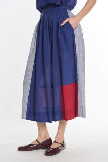 Payal Pratap_Navy Handloom Cotton Trientalis Patchwork Skirt _Online_at_Aza_Fashions