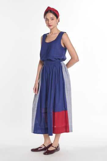 Shop_Payal Pratap_Navy Handloom Cotton Trientalis Patchwork Skirt _Online_at_Aza_Fashions