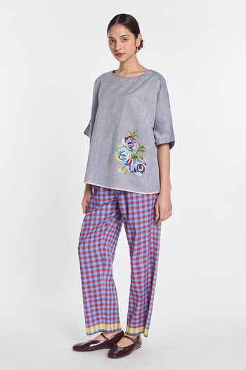 Payal Pratap_Grey Handloom Cotton Embroidery Boat Neck Primrose Top _Online_at_Aza_Fashions