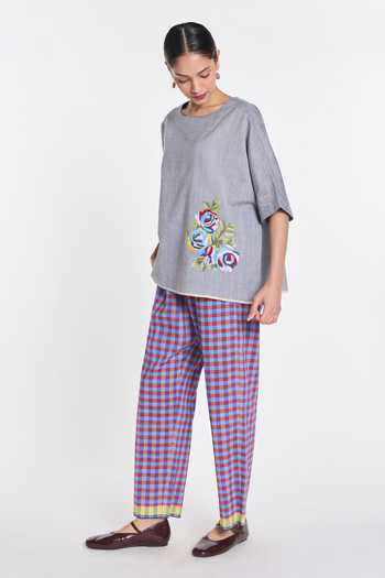 Buy_Payal Pratap_Grey Handloom Cotton Embroidery Boat Neck Primrose Top _Online_at_Aza_Fashions