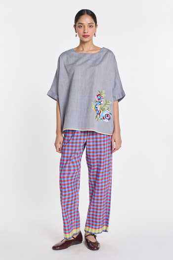 Shop_Payal Pratap_Grey Handloom Cotton Embroidery Boat Neck Primrose Top _Online_at_Aza_Fashions