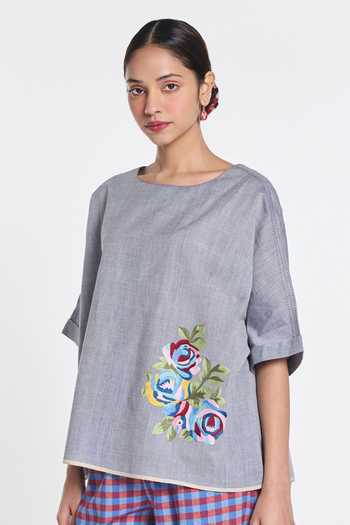 Buy_Payal Pratap_Grey Handloom Cotton Embroidery Boat Neck Primrose Top _at_Aza_Fashions