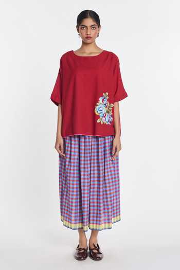 Payal Pratap_Red Handloom Cotton Embroidery Boat Neck Primrose Top _Online_at_Aza_Fashions