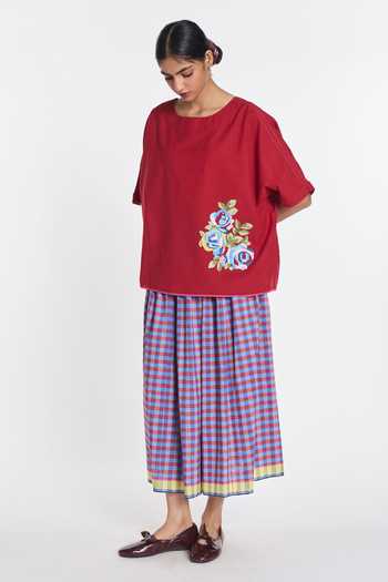 Buy_Payal Pratap_Red Handloom Cotton Embroidery Boat Neck Primrose Top _Online_at_Aza_Fashions