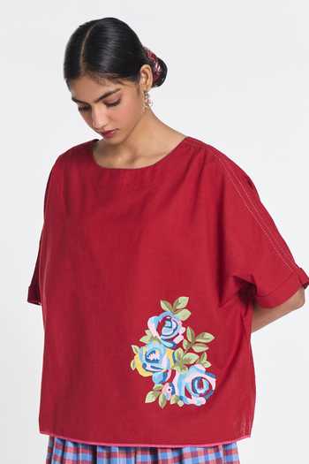 Buy_Payal Pratap_Red Handloom Cotton Embroidery Boat Neck Primrose Top _at_Aza_Fashions