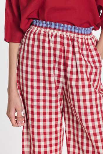 Shop_Payal Pratap_Red Linen, Handloom Cotton Remy Elasticated Gingham Pant _at_Aza_Fashions