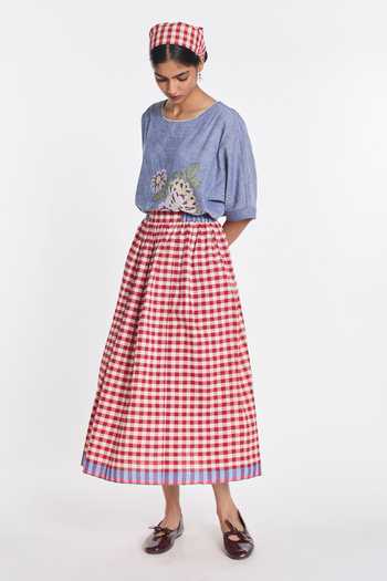Payal Pratap_Red Linen, Handloom Cotton Azurea Elasticated Gingham Skirt _Online_at_Aza_Fashions