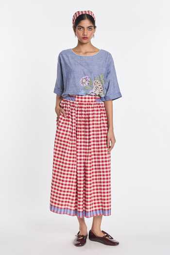 Buy_Payal Pratap_Red Linen, Handloom Cotton Azurea Elasticated Gingham Skirt _Online_at_Aza_Fashions