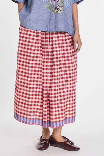 Shop_Payal Pratap_Red Linen, Handloom Cotton Azurea Elasticated Gingham Skirt _Online_at_Aza_Fashions