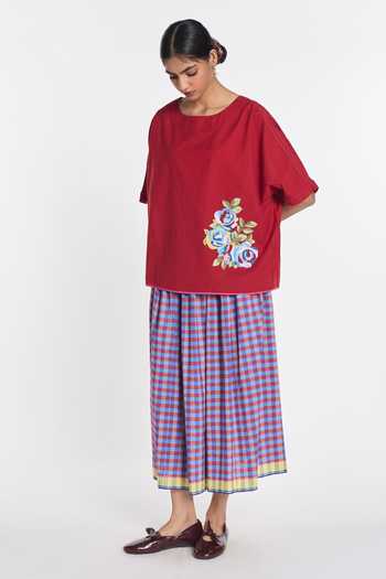 Payal Pratap_Purple Cotton, Linen Azurea Elasticated Checkered Skirt _Online_at_Aza_Fashions