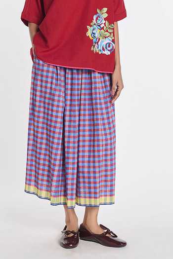 Buy_Payal Pratap_Purple Cotton, Linen Azurea Elasticated Checkered Skirt _Online_at_Aza_Fashions