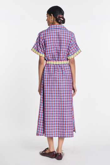 Shop_Payal Pratap_Purple Linen, Handloom Cotton Collared Selah Gingham Check Dress With Belt _at_Aza_Fashions