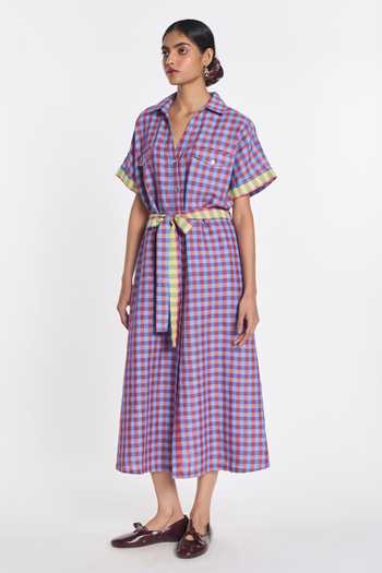 Payal Pratap_Purple Linen, Handloom Cotton Collared Selah Gingham Check Dress With Belt _Online_at_Aza_Fashions