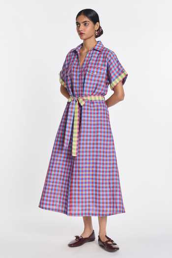 Buy_Payal Pratap_Purple Linen, Handloom Cotton Collared Selah Gingham Check Dress With Belt _Online_at_Aza_Fashions