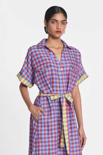 Shop_Payal Pratap_Purple Linen, Handloom Cotton Collared Selah Gingham Check Dress With Belt _Online_at_Aza_Fashions