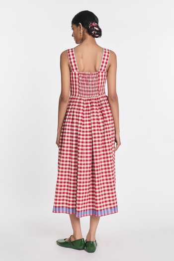 Shop_Payal Pratap_Red Linen, Handloom Cotton Embroidery V-neck Azure Gingham Dress _at_Aza_Fashions