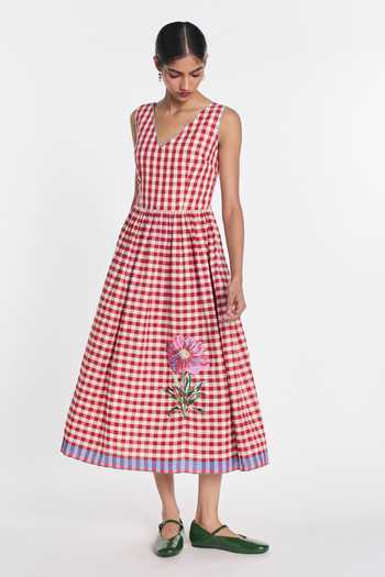 Payal Pratap_Red Linen, Handloom Cotton Embroidery V-neck Azure Gingham Dress _Online_at_Aza_Fashions