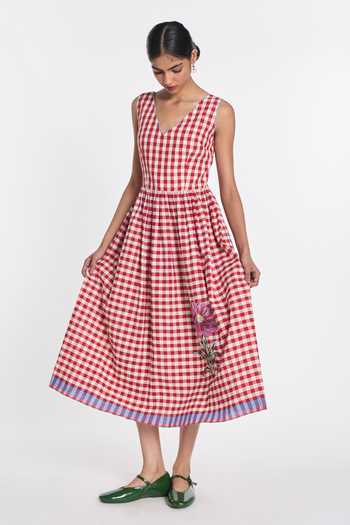 Buy_Payal Pratap_Red Linen, Handloom Cotton Embroidery V-neck Azure Gingham Dress _Online_at_Aza_Fashions
