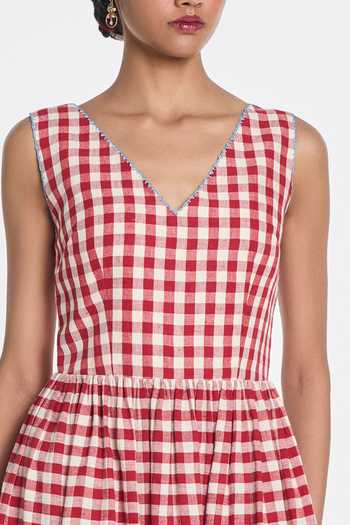 Shop_Payal Pratap_Red Linen, Handloom Cotton Embroidery V-neck Azure Gingham Dress _Online_at_Aza_Fashions
