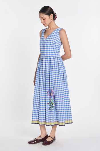 Payal Pratap_Blue Handloom Cotton, Linen V-neck Azure Embroidered Gingham Dress _Online_at_Aza_Fashions