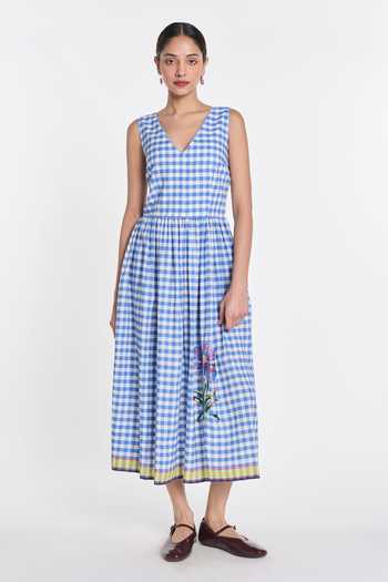 Buy_Payal Pratap_Blue Handloom Cotton, Linen V-neck Azure Embroidered Gingham Dress _at_Aza_Fashions