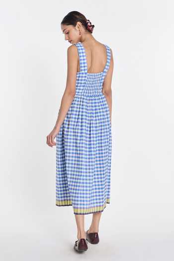Shop_Payal Pratap_Blue Handloom Cotton, Linen V-neck Azure Embroidered Gingham Dress _at_Aza_Fashions