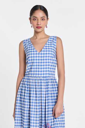 Buy_Payal Pratap_Blue Handloom Cotton, Linen V-neck Azure Embroidered Gingham Dress _Online_at_Aza_Fashions