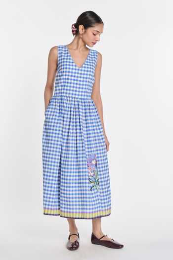 Shop_Payal Pratap_Blue Handloom Cotton, Linen V-neck Azure Embroidered Gingham Dress _Online_at_Aza_Fashions