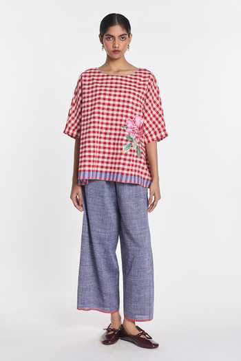 Buy_Payal Pratap_Red Linen, Handloom Cotton Embroidery Round Neck Gigantea Drop Shoulder Top _Online_at_Aza_Fashions