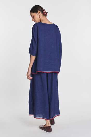 Shop_Payal Pratap_Navy Linen Round Neck Bergamot Drop Shoulder Top _at_Aza_Fashions