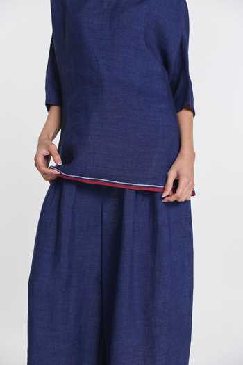 Payal Pratap_Navy Linen Round Neck Bergamot Drop Shoulder Top _Online_at_Aza_Fashions