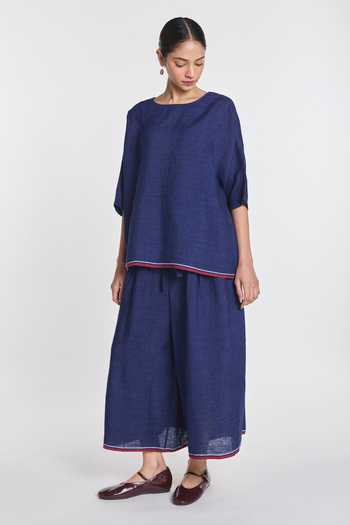 Buy_Payal Pratap_Navy Linen Round Neck Bergamot Drop Shoulder Top _Online_at_Aza_Fashions