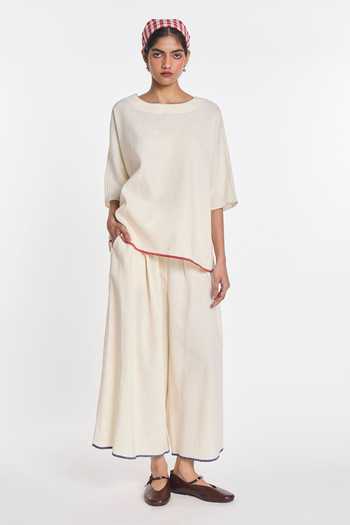 Payal Pratap_Ivory Cotton, Linen Embroidery Round Neck Bergamot Drop Shoulder Top _Online_at_Aza_Fashions