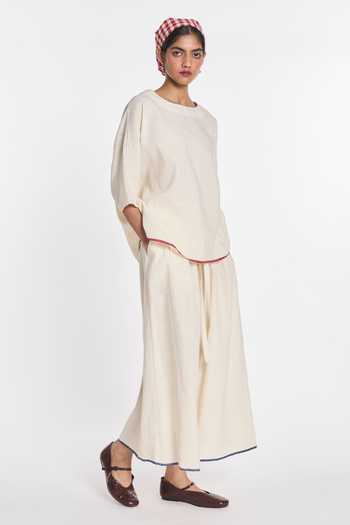 Buy_Payal Pratap_Ivory Cotton, Linen Embroidery Round Neck Bergamot Drop Shoulder Top _Online_at_Aza_Fashions