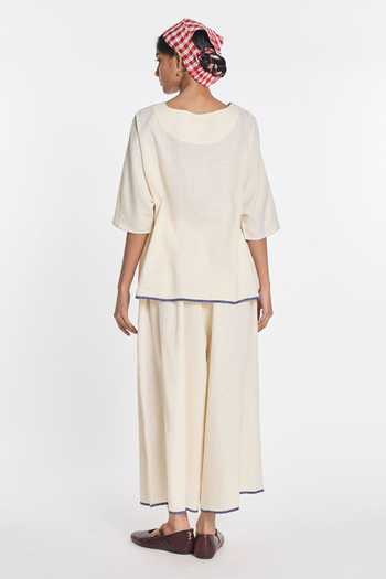Shop_Payal Pratap_Ivory Cotton, Linen Embroidery Round Neck Bergamot Drop Shoulder Top _at_Aza_Fashions