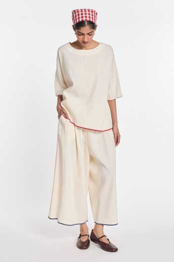 Shop_Payal Pratap_Ivory Cotton, Linen Embroidery Round Neck Bergamot Drop Shoulder Top _Online_at_Aza_Fashions