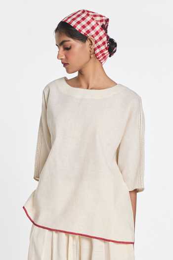 Buy_Payal Pratap_Ivory Cotton, Linen Embroidery Round Neck Bergamot Drop Shoulder Top _at_Aza_Fashions