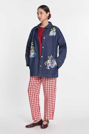 Payal Pratap_Blue Denim Collared Rainrose Embroidered Jacket _Online_at_Aza_Fashions