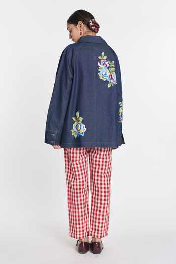 Shop_Payal Pratap_Blue Denim Collared Rainrose Embroidered Jacket _at_Aza_Fashions