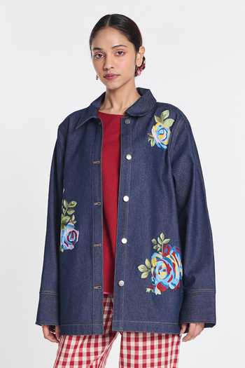 Buy_Payal Pratap_Blue Denim Collared Rainrose Embroidered Jacket _at_Aza_Fashions