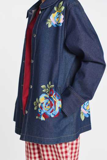 Payal Pratap_Blue Denim Collared Rainrose Embroidered Jacket _at_Aza_Fashions