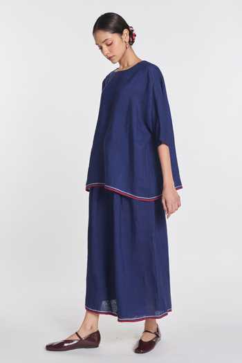 Payal Pratap_Blue Linen Anemone Elasticated Trouser _Online_at_Aza_Fashions