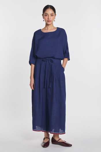 Shop_Payal Pratap_Blue Linen Anemone Elasticated Trouser _Online_at_Aza_Fashions