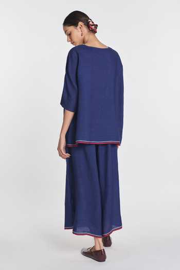 Shop_Payal Pratap_Blue Linen Anemone Elasticated Trouser _at_Aza_Fashions