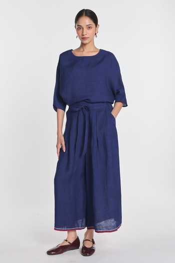 Buy_Payal Pratap_Blue Linen Anemone Elasticated Trouser _at_Aza_Fashions